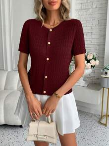 Cardigan femme en maille torsadée vert olive et blanc - Design boutonnage, gilet court à manches courtes, stretch moyen, silhouette en forme de H, convient pour les superpositions au printemps, en été et en automne, cardigan tricoté, mode saisonnière, design texturé - Rouge foncé - Voir 6
