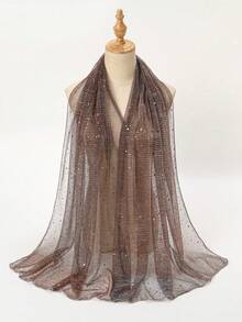 1条透明金属丝亮片装饰围巾，轻盈纯色时尚披肩，女士连衣裙配饰 - 棕色 - 查看 4