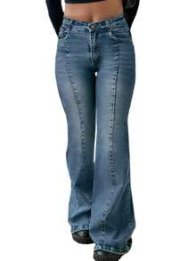 Valentine's Day Women Bootcut Jeans Flare Jeans Mid-High Waisted Stretchy Straight Leg Jeans Seamed Front Loose Denim Pants Spring Clothes - Màu xanh cổ điển - Xem 5