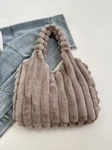 1 件秋冬新款蓬松大容量单肩托特包，时尚单肩手提包，毛茸茸的通勤单肩包，适合女士度假和日常购物，妈妈礼物，新款女士毛皮包 - 卡其色 - 查看 9