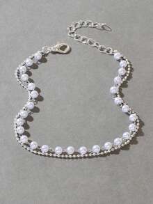 Faux Pearl Decor Layered Anklet - Silver - View 2