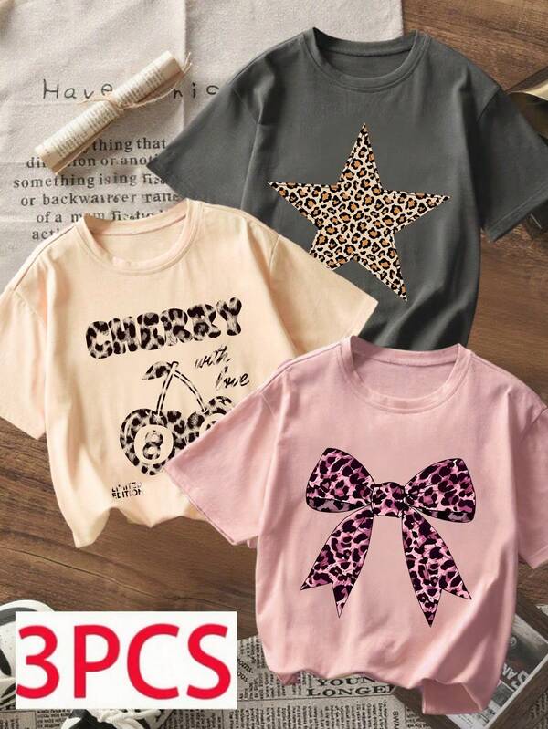 3pcs/Set Tween Girls Bow, Star & Cherry Print Short Sleeve T-Shirts, Summer Top Outfit Suitable For Young Female Students