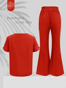 1 Set Solid Color V-Neck Short Sleeve Top And Split Leg Pants Lab Coat Nurse Scrub Uniform Scrubs Suit, Pet Hospital Clinic Work Scrub Uniform Top And Pants With Pockets - 紅色 - 查看 4