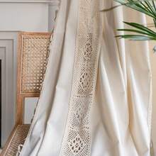 Boho Curtain Crochet Lace Patchwork Semi-Blackout Bohemian Handmade Tassels, Rod Pocket Window Treatment Vintage Rustic Farmhouse Drapes For Living Bedroom, 1 Panel 59" W X 63" L, Beige - 米色拼布59寬x63公升1包 - 查看 7