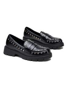 calcena Women's Studded Chunky Platform Loafers with Rivet Embellishments, Lug Sole and Round Toe, Punk Rock Inspired Slip-On Shoes for an Edgy Preppy Look - 黑色 - 查看 3