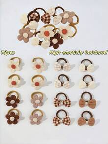 16pcs/Set Girls' Casual Versatile Cute Flower, Bowknot Elastic Hair Ties - Camel - View 1