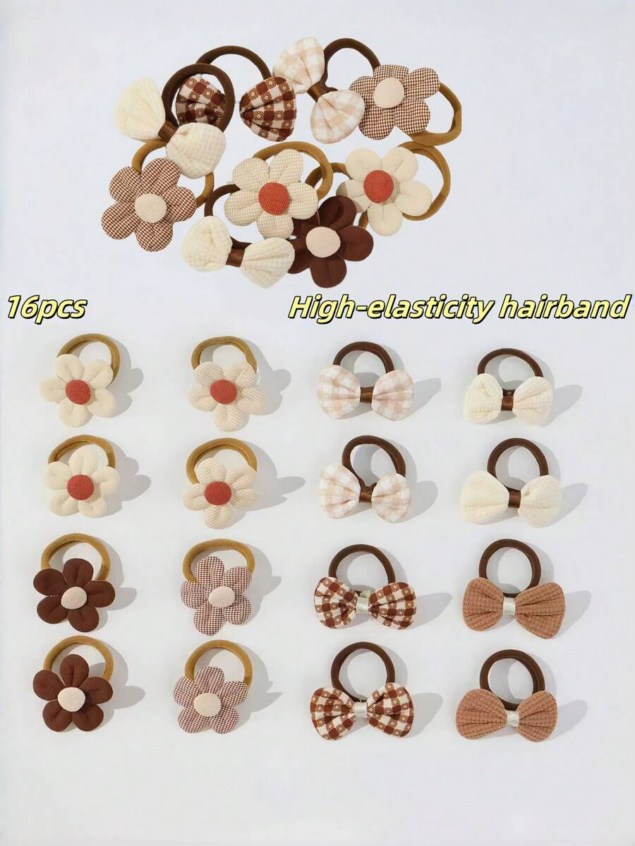 16pcs/Set Girls' Casual Versatile Cute Flower, Bowknot Elastic Hair Ties - Camel - View 1