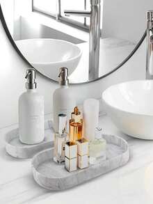 1pc Bathroom Vanity Tray, Silicone Bathroom Countertop Tray For Perfume, Keys, Jewelry, Soap Dispenser, Organizer For Kitchen Sink (Marble White)