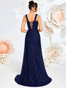 Elisanya Sequin Thick Strap Sweetheart Neck High Waist Long Tie Back Slit Dress, Suitable For Prom, Party, Formal Dinner, Graduation, Birthday, Date Night, Homecoming, Wedding Guest - Navy Blue - View 2