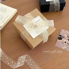 9m/Roll 2.5cm Metallic Gold Star Tulle Ribbon, Christmas Holiday Gift Wrapping Decoration Streamer, Valentine's Day Gift Decor, For Party, Flowers, Cakes, Gift Boxes, Bows, Packaging
