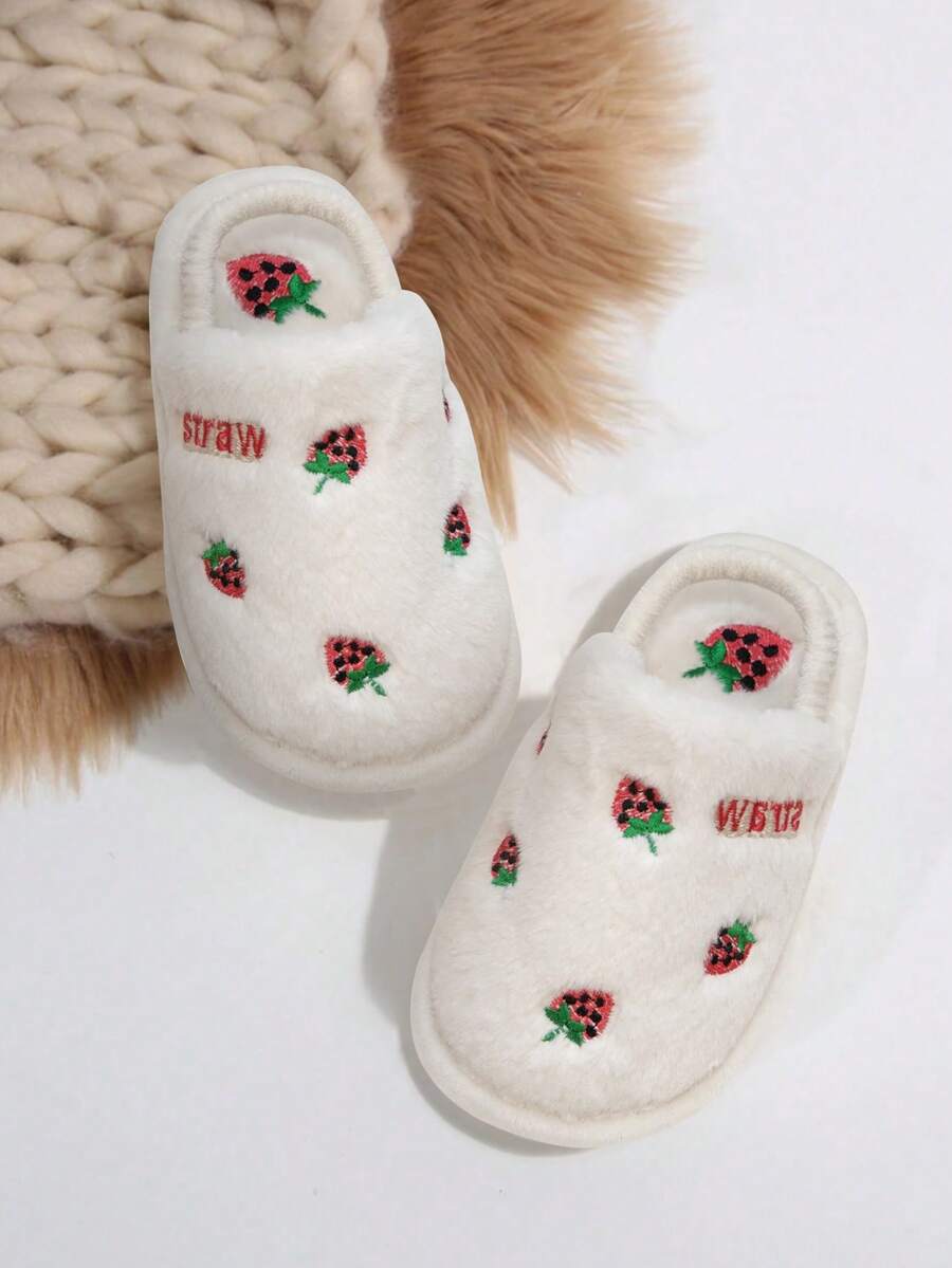 1双时尚可爱草莓刺绣防滑保暖拖鞋，适合儿童