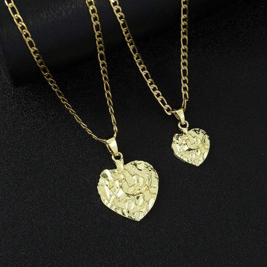 1件14k镀金粗糙纹理饼干块心形吊坠项链，男女皆宜，配3mm不锈钢扁平费加罗链 - heart - 查看 1
