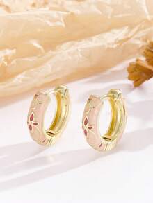 1 Pasang Anting Hoop Motif Bunga Enamel Berlapis Emas Gaya Baru dengan Pengait, Perhiasan Hadiah untuk Wanita, Pemakaian Sehari-hari, Warna Pink - Berwarna merah muda - View 1