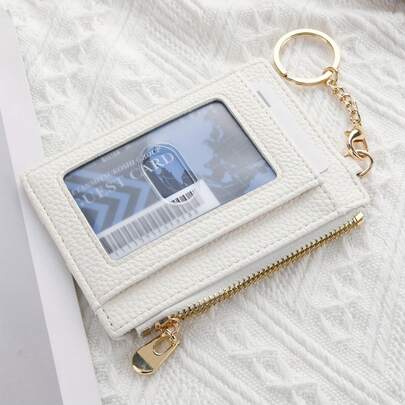 Ultra-Thin PU Leather Wallet With Keychain - Lychee Texture, Zipper Coin Pocket And Card Holder