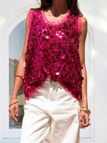 Women's Summer Shiny Sequins Vest Tops Sleeveless Round Neck Fashionable Vintage Party Tank Tops Club Cocktail Parties Dances Streetwear - 玫紅色 - 查看 6