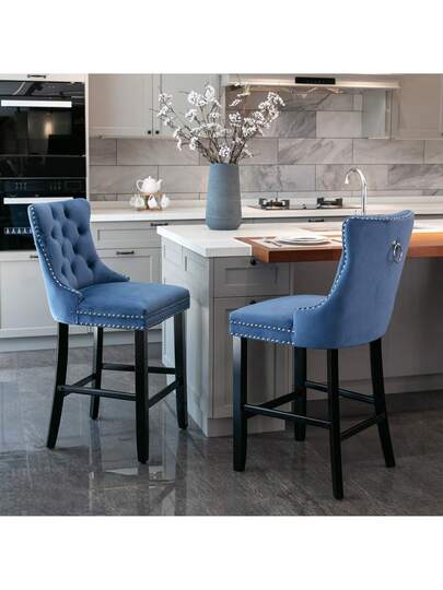Sairedel Contemporary Fluwelen Upholstered Barstools Button Tufted ation Wooden Legs, Chrome Nailhead Leisure Bar Chairs,Bar Stools, Set Of