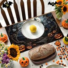 4 Stücke Halloween Horror Schloss & Kürbis Muster Leinen Tischsets - Gewebte Leinen rechteckige Tischsets für Speisezimmer, Küche, Kaffeetisch, Esszimmerdekoration - Verschiedenfarbig - Übersicht 3