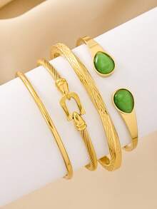 4pcs/3pcs/1pc 18K Gold-Plated Stainless Steel Bangle Bracelet With Luxury Rhinestone Design, Suitable For Gifts, Engagement, Daily Wear, Parties, Festivals, Beach Vacation - Gold - View 5