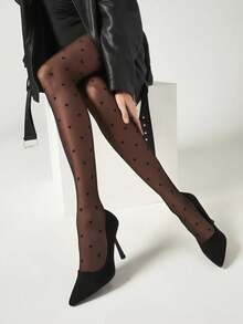 1件装女士休闲可爱爱心印花连裤袜，适合聚会和用餐场合 - 黑色 - 查看 10