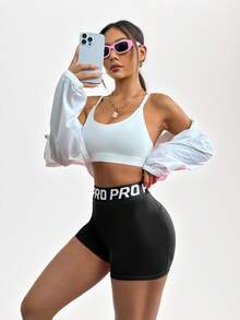 SHEIN Sports Letter Tape Waist Sports ShortsWomen Sweat Short, Gym Short, Biker Short - Black - View 3
