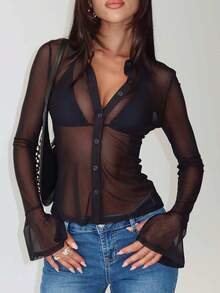 Women Sheer Long Sleeve Tops See Through Mesh Blouses  Button Down Shirts Tunic - Black - View 1