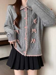 Cárdigan de mujer de longitud regular, con patrón de punto de cable, manga larga, ribete rosa, cierre con botones - Gris - Ver 6