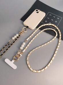 1pc Long Faux Pearl With Leather Crossbody Mobile Phone Chain, Metal Chain Lanyard Gifts For Mother, Family, Friends, Birthday, Holiday Phone Charm - Black - View 4
