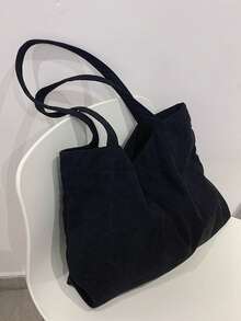 Túi Tote Vải Nhung Phong Cách Retro Túi Đeo Vai Đơn Giản Cho Nữ Túi Xách Trang Trí Chữ Patch - màu đen - Xem 7