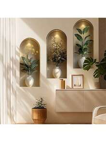 3pcs/Set Nordic Green Plant Theme Faux Arch Window Flower Pot Wall Stickers, 3 Pieces Self-Adhesive Removable Decorative Decals, Suitable For Living Room, Dining Room, Study And Other Connected Decor, Creative Home Wall Art - Multicolor - View 21