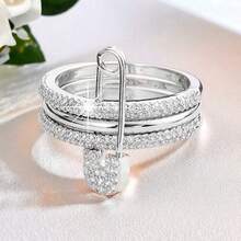 1 件简约女士可拆卸戒指，独特设计，镶嵌闪亮合成方晶锆石，适合订婚、婚礼和日常佩戴 - 銀色+白色 - 查看 19