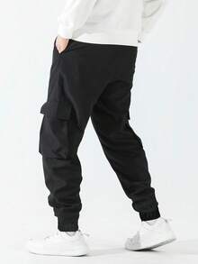 Plus Size Men Letter Graphic Drawstring Waist Tapered Casual Cargo Pants, Fall