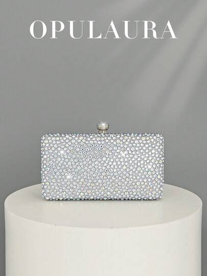 OpulAura 女士新款闪亮钻石迷你盒式手拿包，精致迷人的派对钱包，精致的晚间手提包，适合浪漫婚礼、正式活动、返校舞会、生日派对、时尚晚会，配有金属链