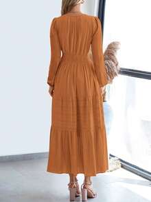 Women Fall Maxi Dresses Long Sleeve High Waist Tiered Flowy A-Line Boho Bohemian Long Dress Beach Holiday Vacation Wedding Guest Valentine Outfit - 棕橘色 - 查看 2