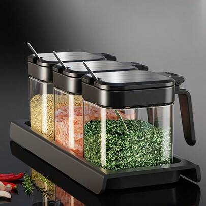 3 piezas de frascos para condimentos, frascos para condimentos, equipados con tapa y cuchara, caja de condimentos de vidrio, set de 3 piezas, frasco para sal, recipiente para azúcar, adecuado para la cocina (negro)