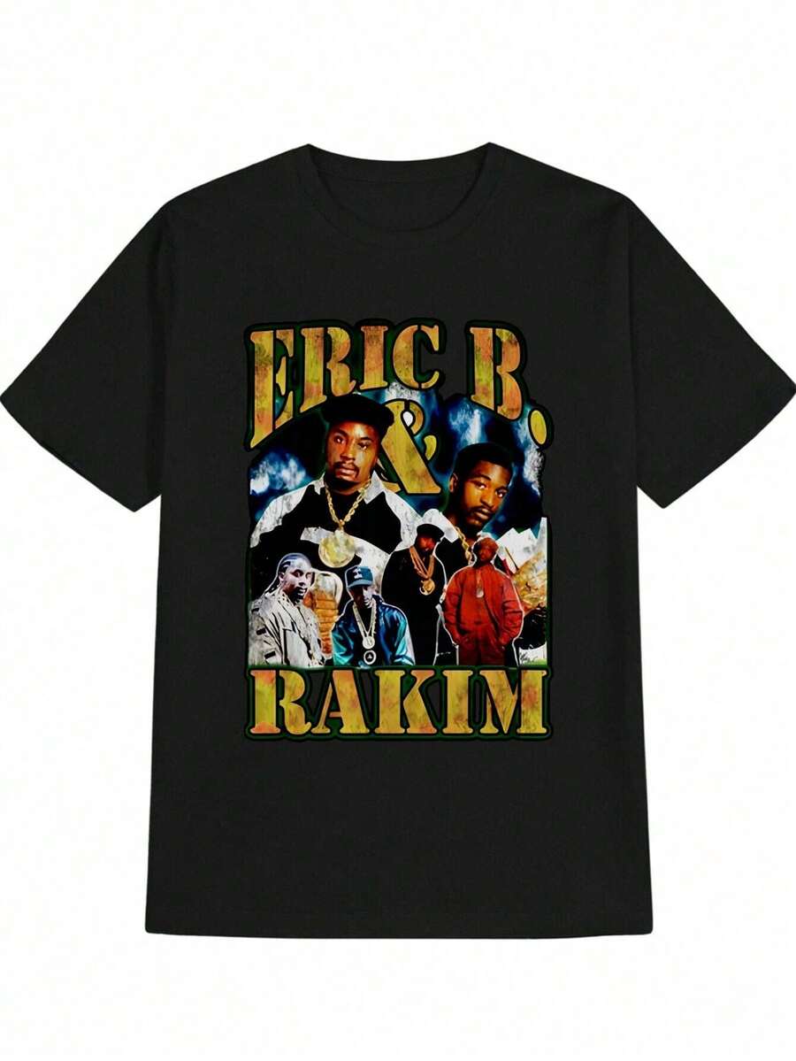 Camiseta Casual Negra para Hombre - Estampado de Retrato Icónico ERIC B.& RAKIM, Cuello Redondo, Camiseta de Verano Lavable a Máquina, Regalo para Fans del Hip-Hop, Diseño Inspirado en Raikoinspired, Ajuste Cómodo - Negro - Ver 1