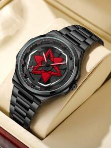 NSNEVER STOP 1 Đồng hồ nam Quartz mặt tròn xoay thời trang cá nhân hóa hình ngôi sao năm cánh, thiết kế thể thao, quà tặng cho bạn trai, cha, trở lại trường, Halloween, ngày lễ tình nhân - Đỏ - Xem 2