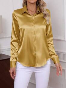 2026 New Elegant Solid Color Button-Down Long Sleeve Shirt, Classic Workwear Blouse For Women Spring - Gold - View 4
