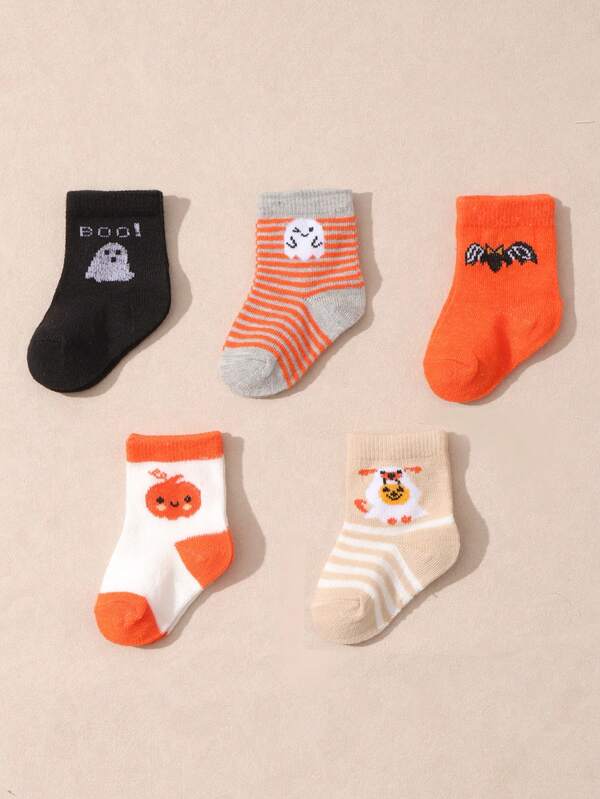 5 Pairs Baby Pumpkin & Bat Halloween Pattern Mid-Calf Socks, Holiday Gift Socks