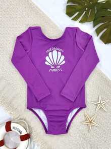 UV Sun Protection Swimsuit Long Sleeve Plain With Print Lined Girl Swimming Beach Kids - Màu tím - Xem 10