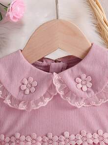 Baby Girls' Cute Floral Peter Pan Collar Long Sleeve Floral Design Hem Mesh One-Piece Bodysuit, Suitable For Everyday Outings, Spring & Autumn - Pink - View 4