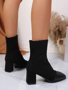 Women's Fashion Ankle Boots, Classic Square Toe Patchwork Elastic Chelsea Boots, Chunky Heel High Heel Black Ankle Boots - Black - View 3