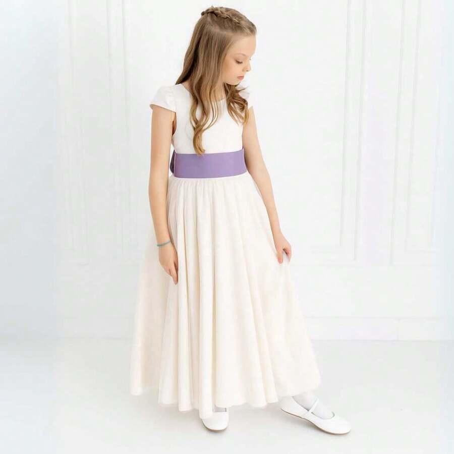 Children's Long Dress 123 In 25 Colors Of Sash Bridesmaid Flower Girl Ref4166 - Màu Lilac Tím - Xem 1