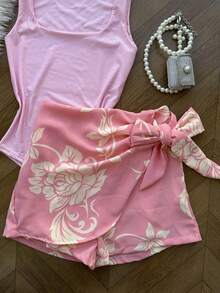 AMYLAN FASHION Women's Set Of Suplex Bodysuit + Skirt With Printed Shorts With Lining - 淺粉色 - 查看 3