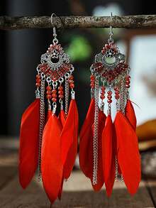 1 对波西米亚风格天然羽毛耳环（女士）