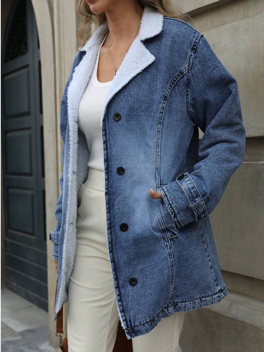 女士保暖内衬长袖牛仔夹克，中长款羔羊绒保暖牛仔外套 - 中等水洗藍 - 查看 1