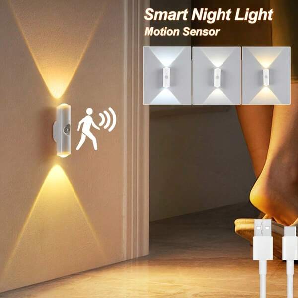 1 Confezione Luce notturna ricaricabile a LED, luci notturne moderne con ricarica USB, sensore di movimento, luce a tre colori con luminosità regolabile, luci notturne dimmerabili per corridoio, camera da letto, scale, lampada da comodino moderna piccola per decorazione della casa e regali