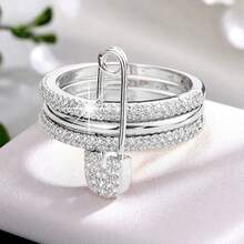 1 件简约女士可拆卸戒指，独特设计，镶嵌闪亮合成方晶锆石，适合订婚、婚礼和日常佩戴 - 銀色+白色 - 查看 12