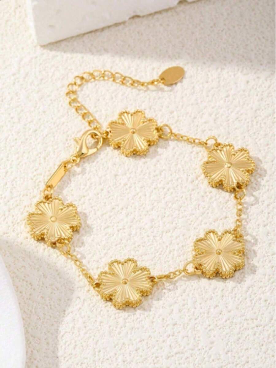 1pc Elegant Girl's Lucky Four-Leaf Clover Bracelet, Versatile Luxury Design, Gift For Valentine's Day, Mother's Day - Gold - View 1
