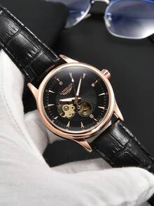 1 chiếc đồng hồ cơ tự động rỗng dành cho nam, kiểu dáng tối giản, dây da, thích hợp làm quà tặng và đeo hàng ngày. - Nhiều màu - Xem 3