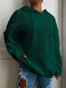 Plus Size Women Loose Casual Solid Color Jacquard Knit Long Sleeve Sweatshirt Spring - Dark Green - View 4